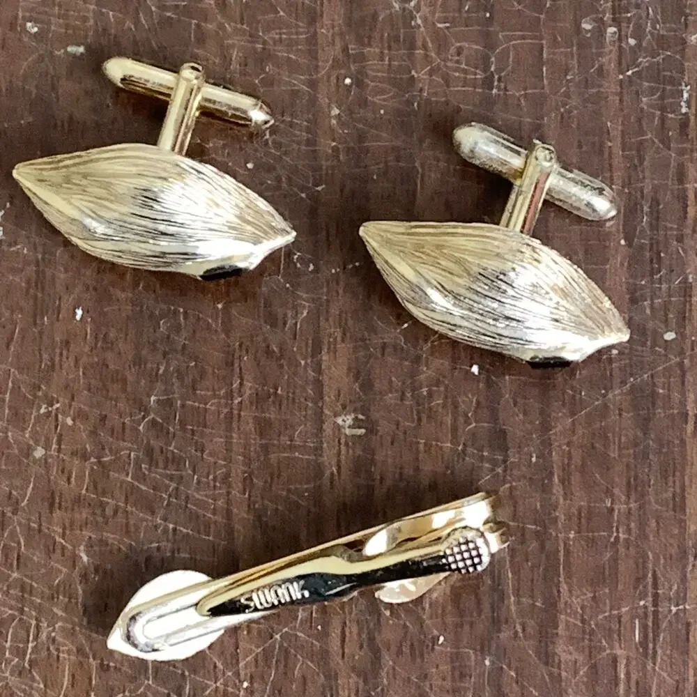 Swank 1950s 14‎ kt Gold Plate Black Onyx stone Cufflinks & Tie Clip Original box