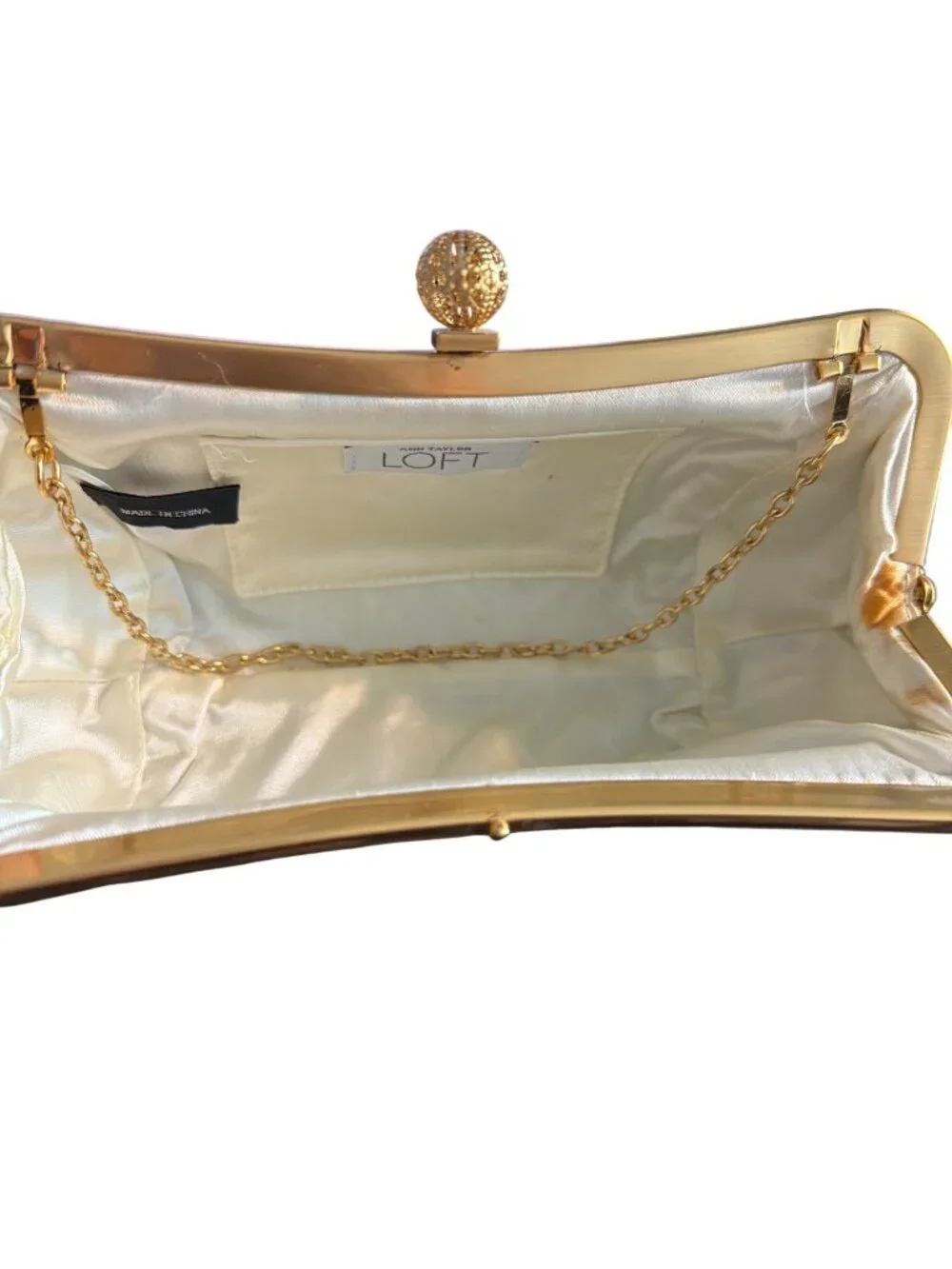 Ann Taylor Loft Metallic Brocade Clutch Purse Gold Clasp Chain Handle Bag READ