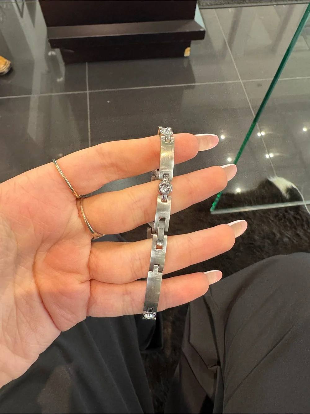 New Brushed Silver-Tone Satin Link Bezel-Set Costume Bracelet