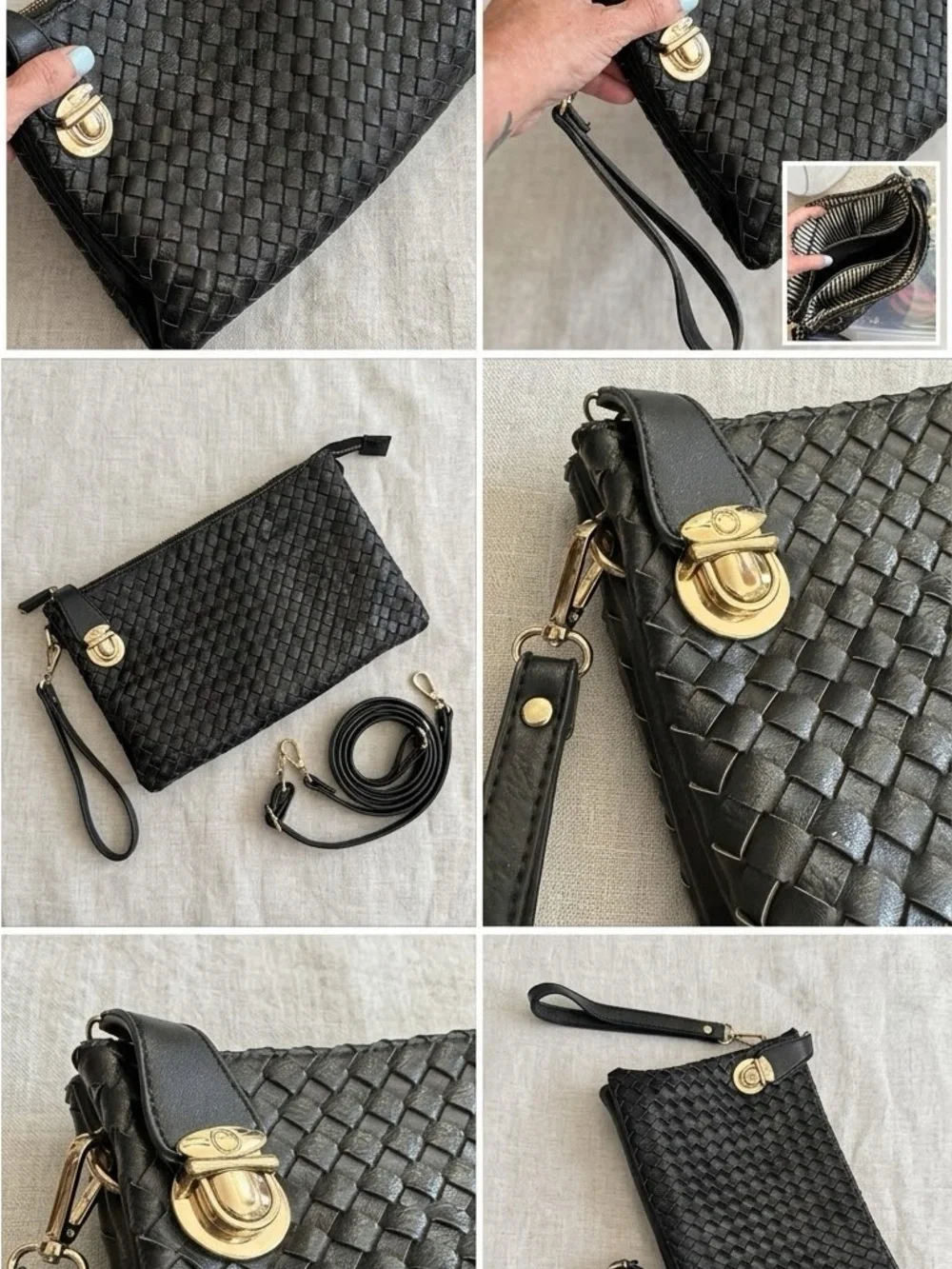 India Boutique Black Woven Leather Wristlet with Detachable Strap