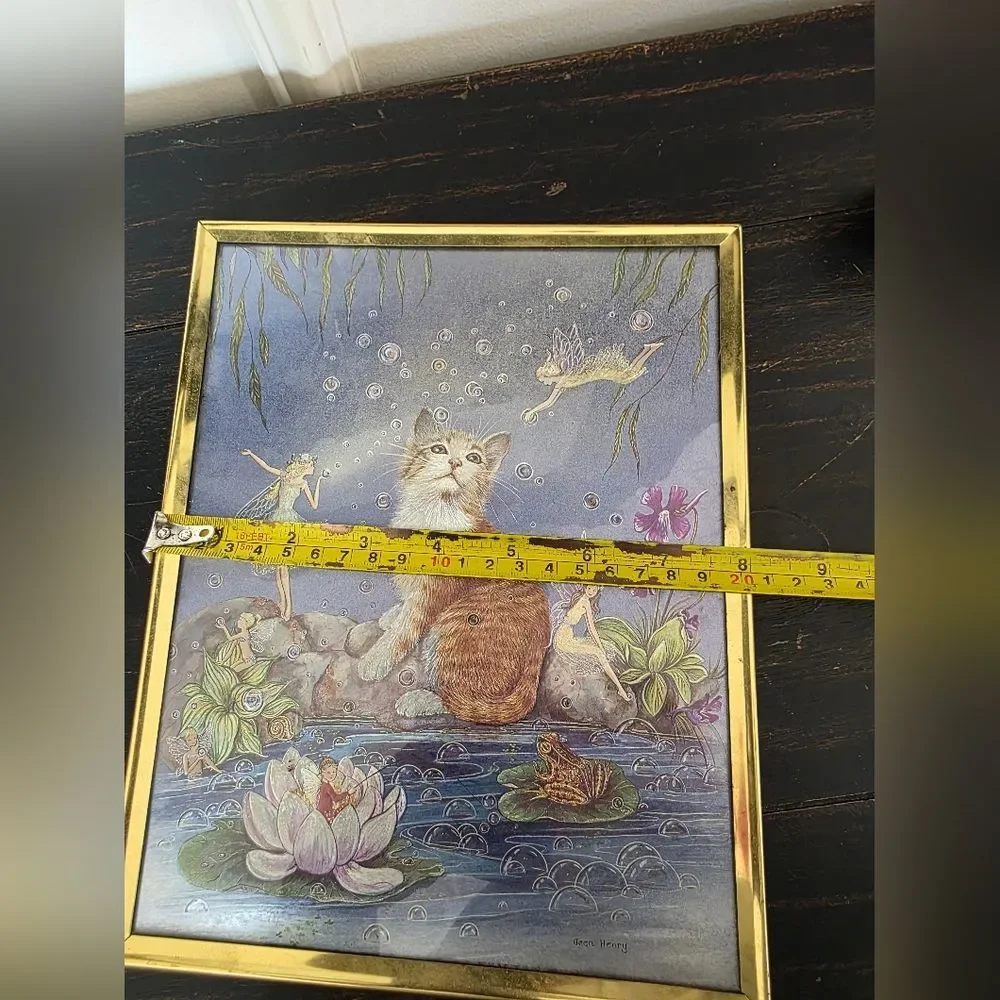 Jean Henry Cat and Fairies Dufex Foil Art Gold Framed Vintage Fantasy