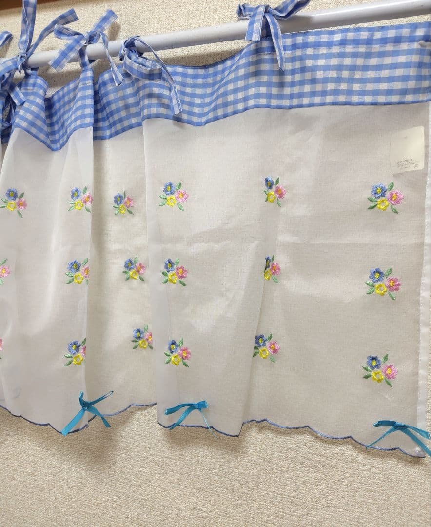 Gingham Check Embroidered Ribbon Cafe Curtain